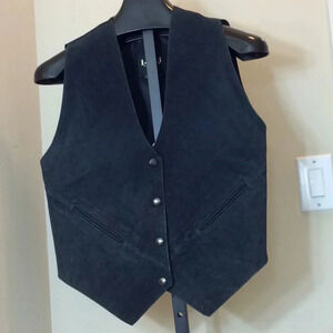 Black 4-Button Genuine Leather/Suede Leather Vest